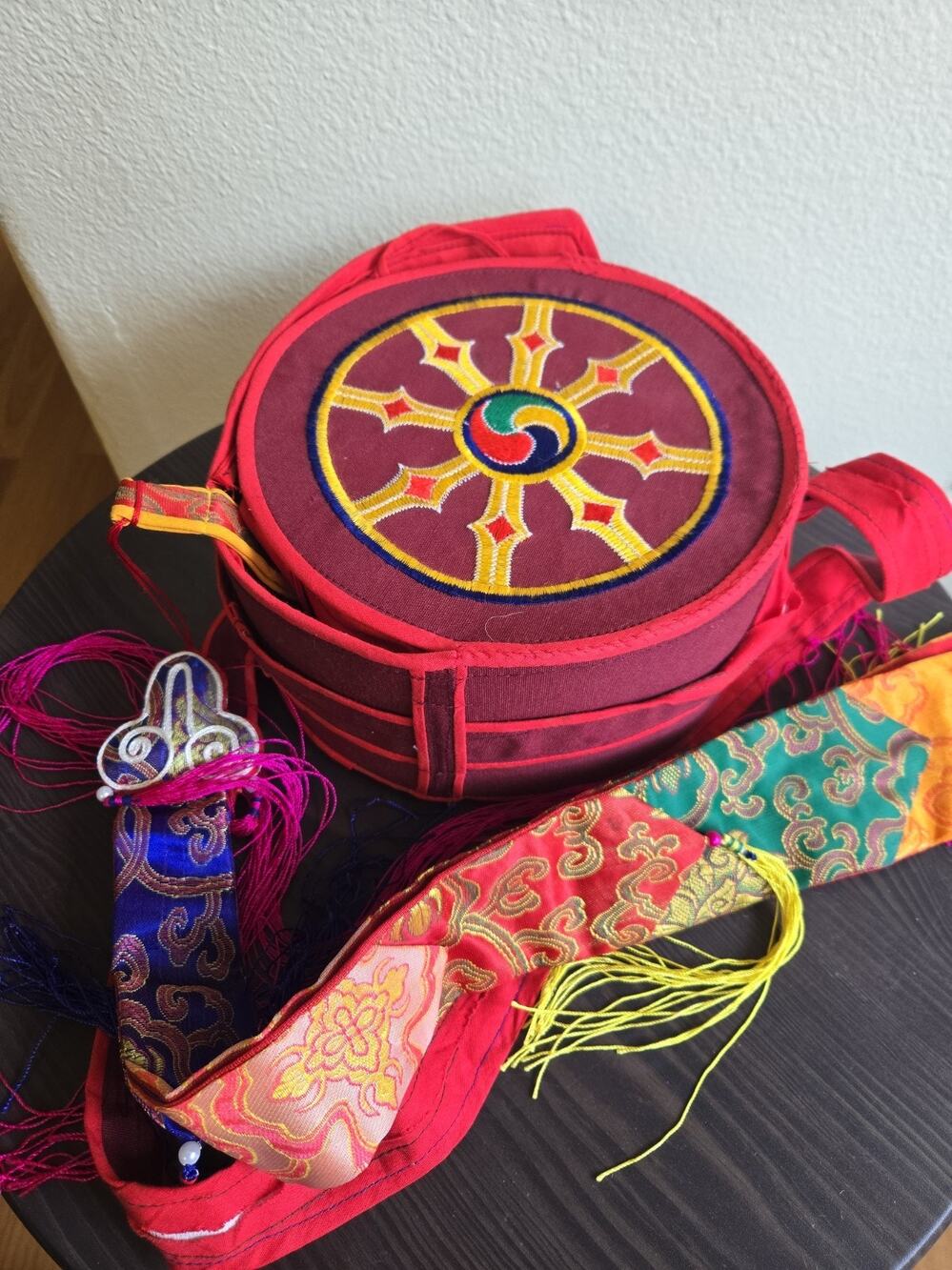 Tibetan Buddhist Wooden 8" Chöd Drum with Damaru Tail and Case Chod